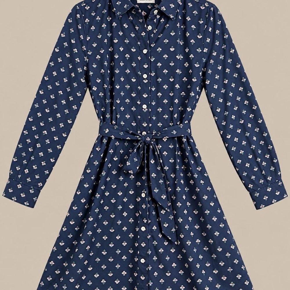 UNTUCKit Sydney Floral Shirt Dress Navy Blue Long Sleeve Belted Pockets Size 12